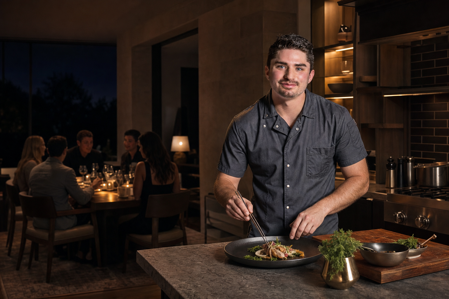 Chef Jacob Benavides preparing an intimate dinner in a private home