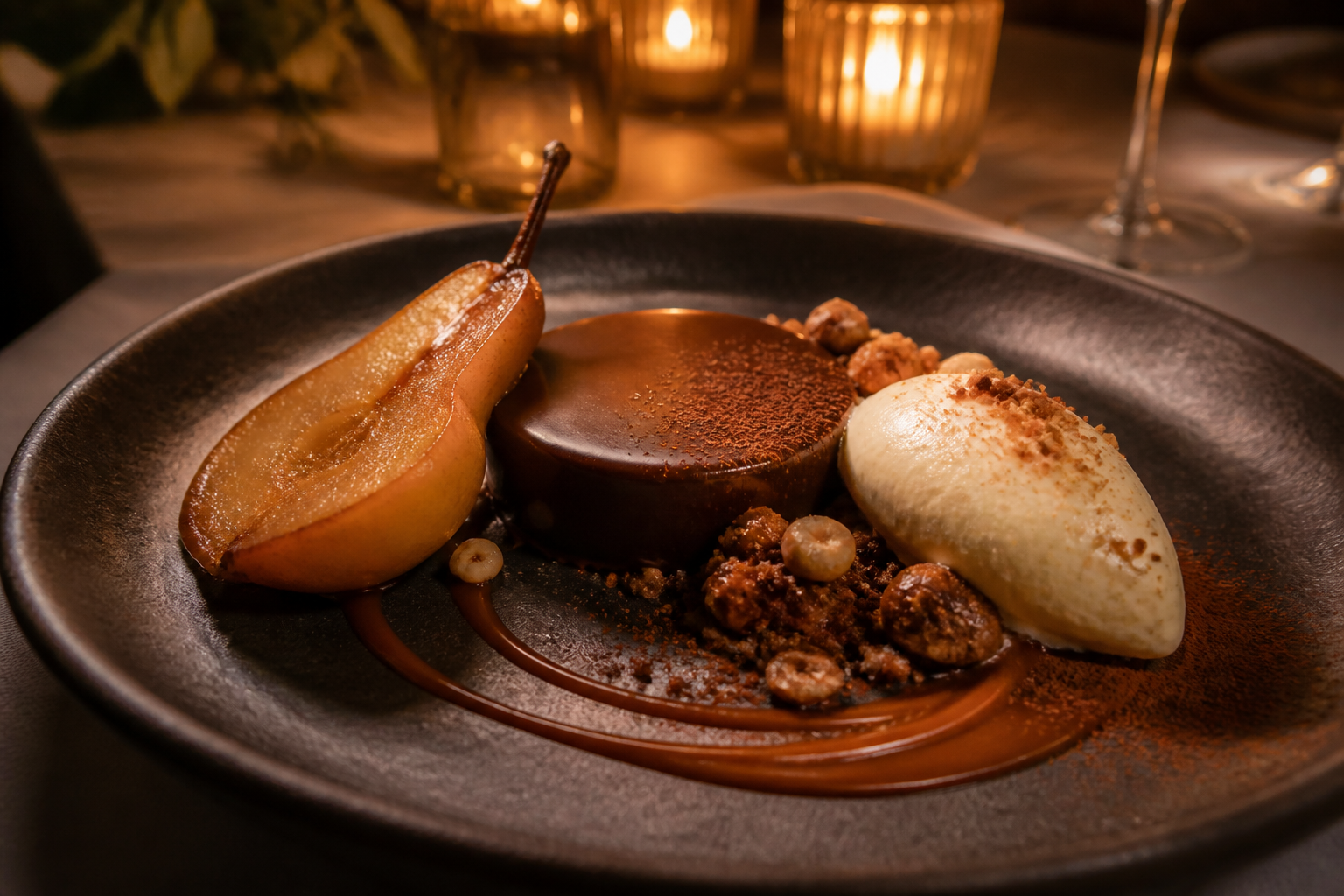 Chocolate, roasted pear and hazelnut plated dessert for an in-home Cincinnati tasting menu