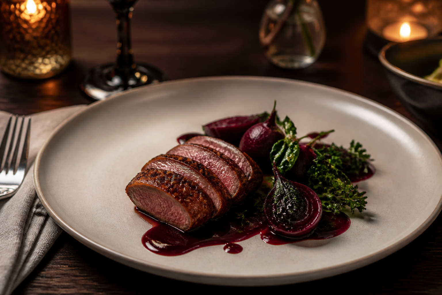 Fine dining duck course with cherries and roasted beets by a Cincinnati private chef