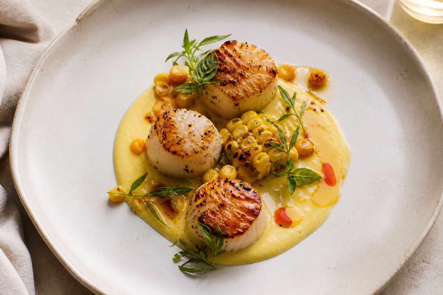 Seared scallop and sweet corn course for a luxury private dinner in Cincinnati